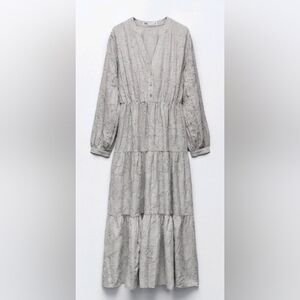 Zara Embroidered Tiered Midi Dress in Grey Marl Embroidery size XS
